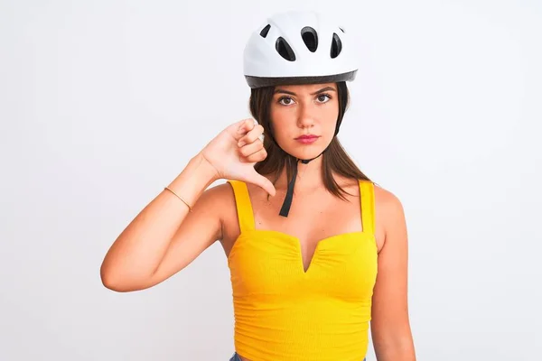 Jong Mooi Fietser Meisje Dragen Fiets Helm Staande Geïsoleerde Witte — Stockfoto