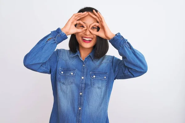 Young Beautiful Chinese Woman Wearing Denim Shirt Standing Isolated White — Stockfoto