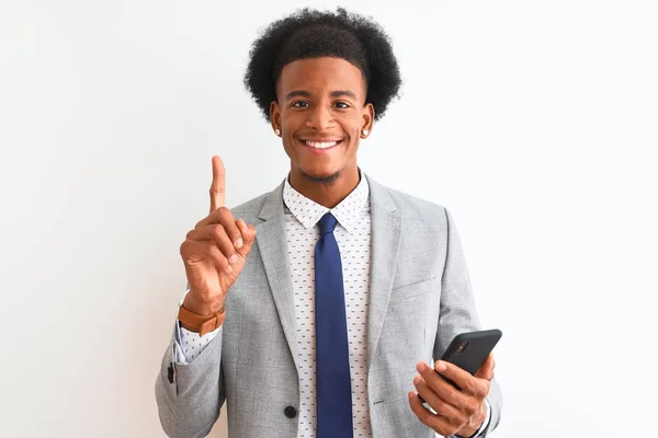 Young African American Businessman Using Smartphone Isolated White Background Surprised — 스톡 사진