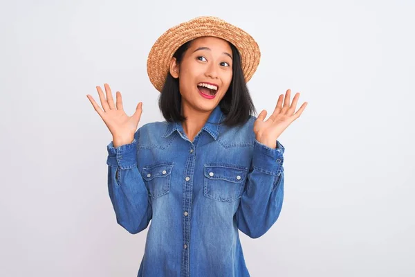 Young Beautiful Chinese Woman Wearing Denim Shirt Hat Isolated White — 스톡 사진