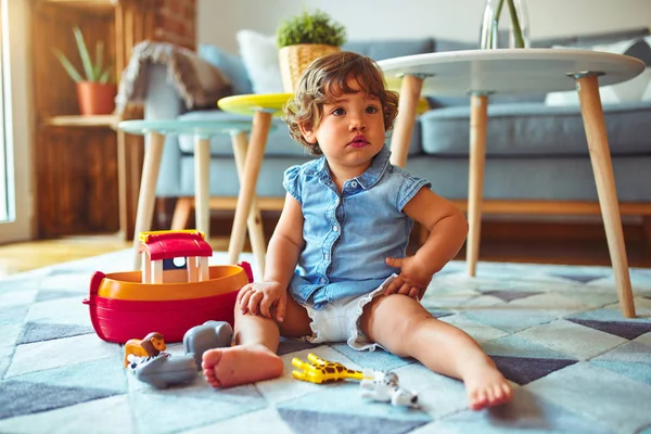 Beautiful Toddler Child Girl Playing Toys Carpet — Stock Photo, Image