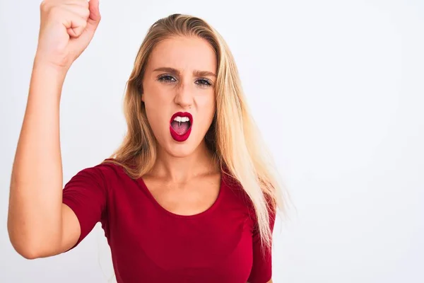 Jeune Belle Femme Portant Shirt Rouge Debout Sur Fond Blanc — Photo