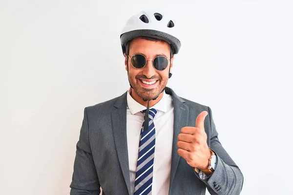 Young Handsome Business Man Wearing Bike Helmet Sunglasses Isolated Background — 스톡 사진
