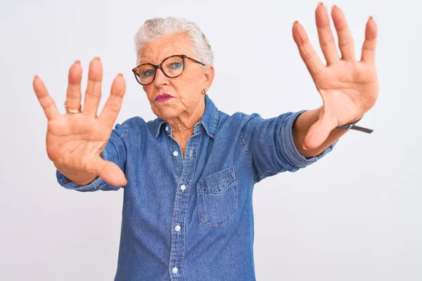 Senior Grey Haired Woman Wearing Denim Shirt Glasses Isolated White — 스톡 사진