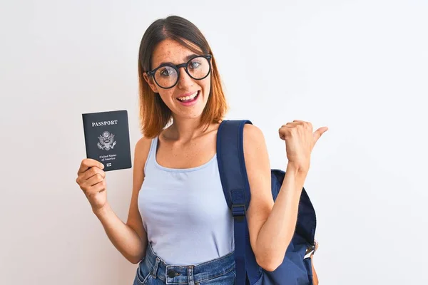 Beautiful Redhead Student Woman Wearing Backpack Holding Passport United States — 图库照片