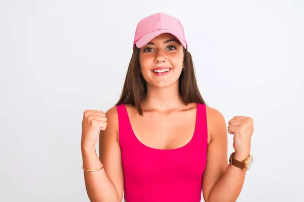 Young Beautiful Girl Wearing Pink Casual Shirt Cap Isolated White — Stock Photo, Image