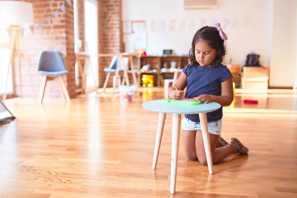 Beautiful Toddler Girl Drawing Cute Draw Using Digital Board Kindergarten — Stock Photo, Image