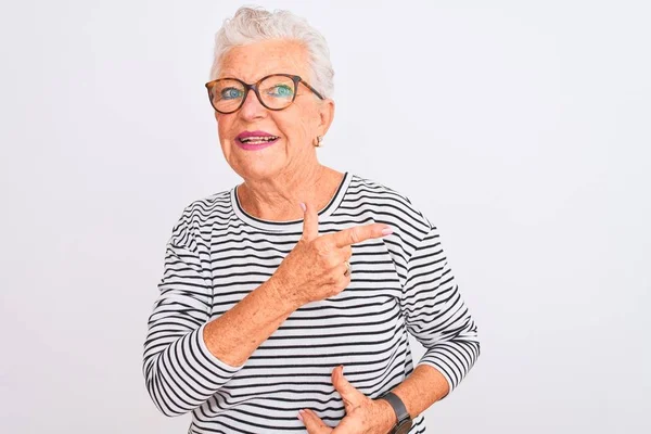 Senior Grey Haired Woman Wearing Striped Navy Shirt Glasses Isolated — Stock Photo, Image