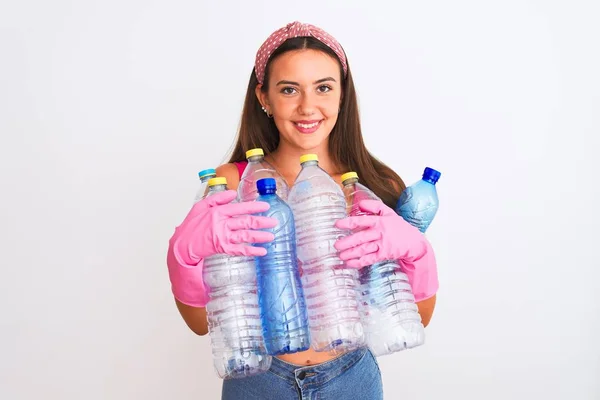 Beautiful Girl Wearing Cleaner Gloves Recycling Plastic Bottles Isolated White — Stock Photo, Image