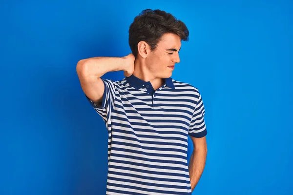 Teenager Boy Wearing Casual Shirt Standing Blue Isolated Background Suffering — ストック写真