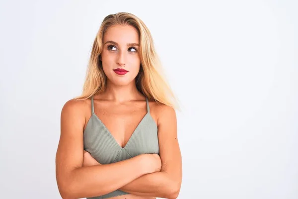 Jovem Mulher Bonita Vestindo Casual Shirt Verde Sobre Isolado Fundo — Fotografia de Stock