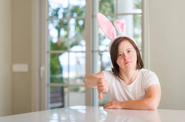 Syndrome Woman Home Wearing Easter Rabbit Ears Angry Face Negative — Stock Photo, Image