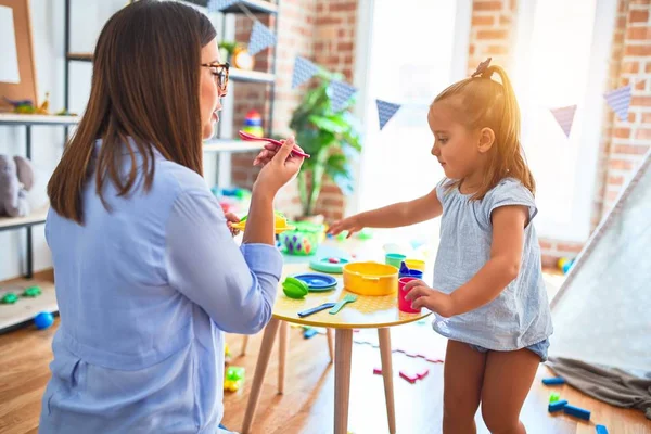 Caucasian Girl Kid Playing Learning Playschool Female Teacher Mother Daughter — Stock Photo, Image