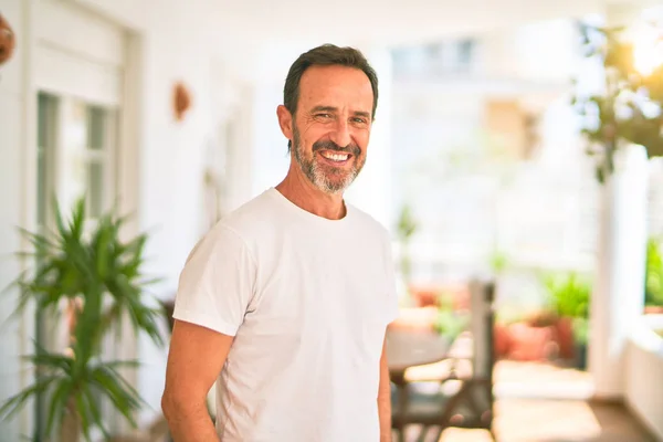 Middle Age Handsome Man Wearing Casual Shirt Standing Terrace Smiling — Stock Photo, Image