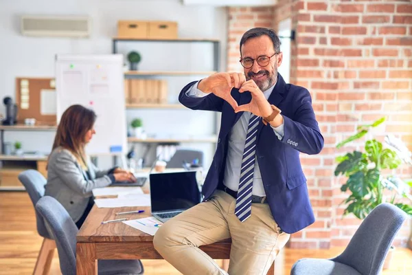 Middle Age Handsome Businessman Wearing Glasses Sitting Desk Office Smiling — Stockfoto