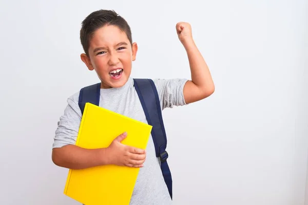 Όμορφο Μαθητικό Αγόρι Φορώντας Σακίδιο Κρατώντας Βιβλίο Πάνω Από Απομονωμένο — Φωτογραφία Αρχείου