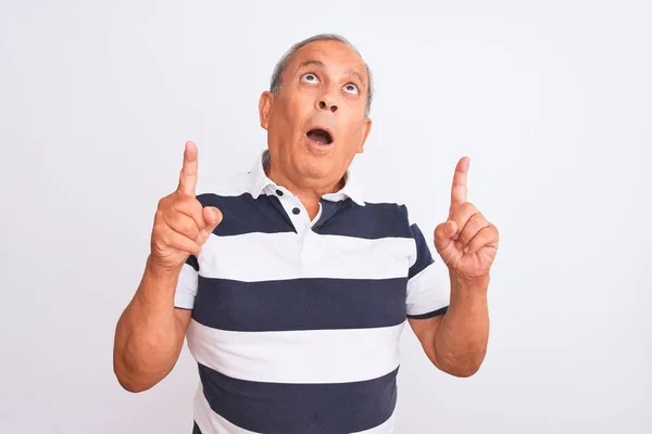 Senior Grey Haired Man Wearing Casual Striped Polo Standing Isolated — Stock Photo, Image