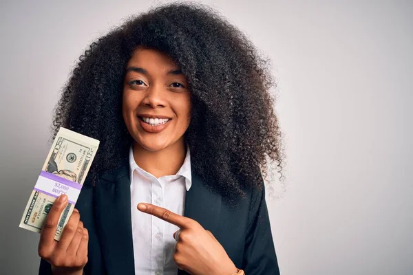 Young African American Business Woman Afro Hair Holding Bunch Dollars — 스톡 사진