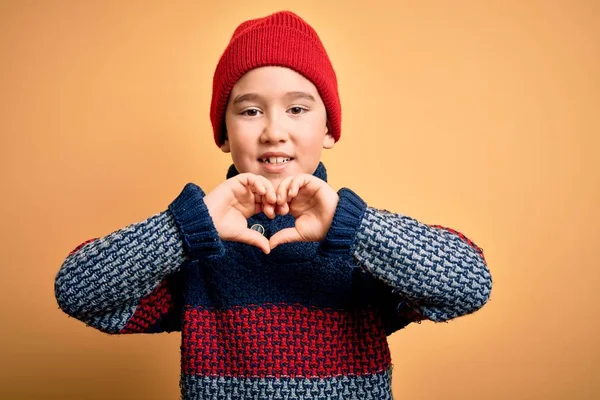Young Little Boy Kid Wearing Wool Cap Winter Sweater Yellow — 스톡 사진