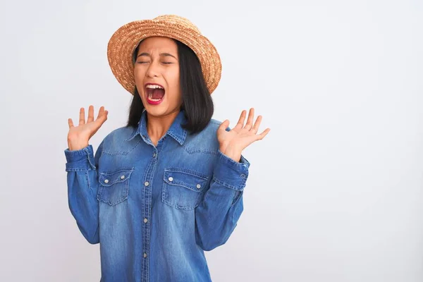 Young Beautiful Chinese Woman Wearing Denim Shirt Hat Isolated White — 스톡 사진