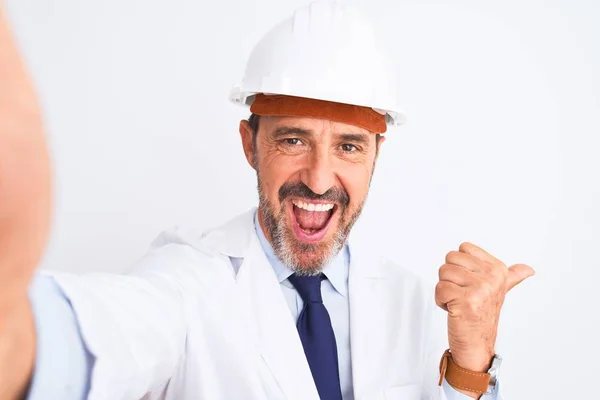 Middle Age Engineer Man Wearing Helmet Make Selfie Isolated White — 스톡 사진