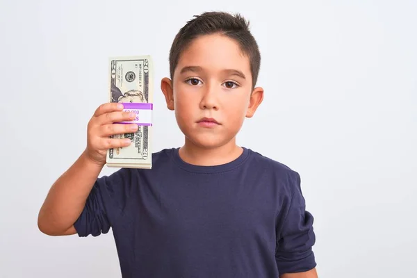 Niño Hermoso Sosteniendo Dólares Pie Sobre Fondo Blanco Aislado Con — Foto de Stock