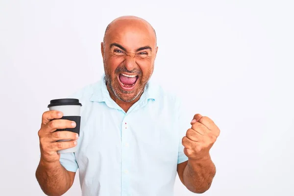 Middle Age Man Drinking Take Away Coffee Standing Isolated White — Stockfoto