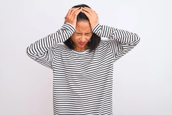 Young Chinese Woman Wearing Striped Shirt Standing Isolated White Background — Stock Photo, Image