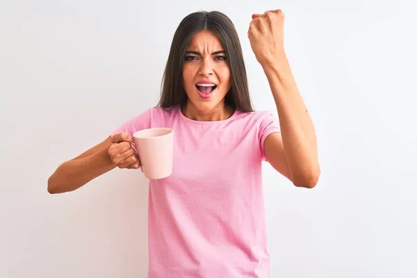 Young Beautiful Woman Drinking Pink Cup Coffee Standing Isolated White — 스톡 사진