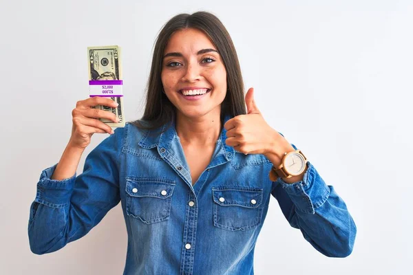 Jonge Mooie Vrouw Met Dollars Staande Geïsoleerde Witte Achtergrond Gelukkig — Stockfoto