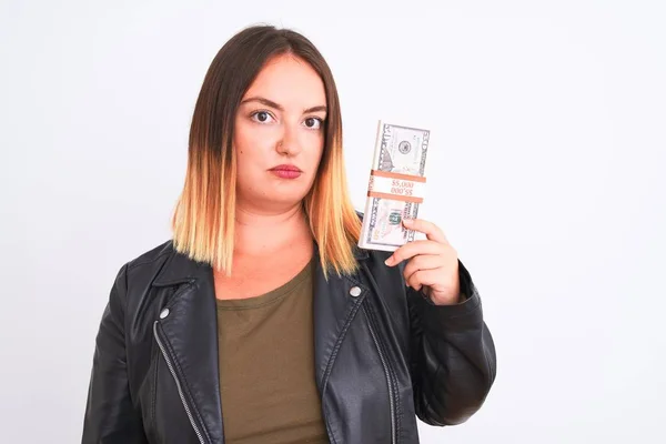 Young Beautiful Woman Holding Dollars Standing Isolated White Background Confident — Stock Photo, Image