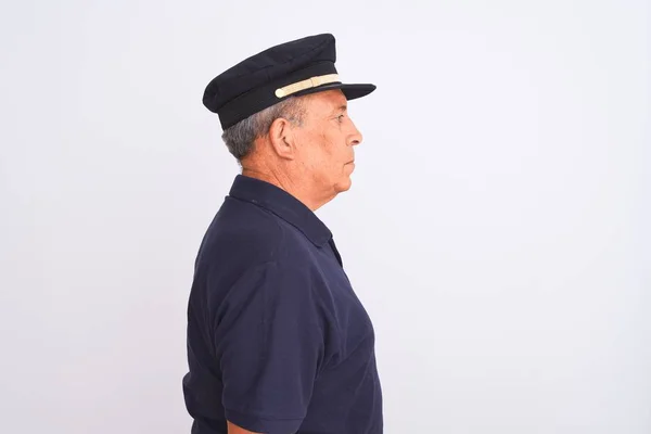Homem Cabelos Grisalhos Sênior Vestindo Pólo Preto Chapéu Capitão Sobre — Fotografia de Stock