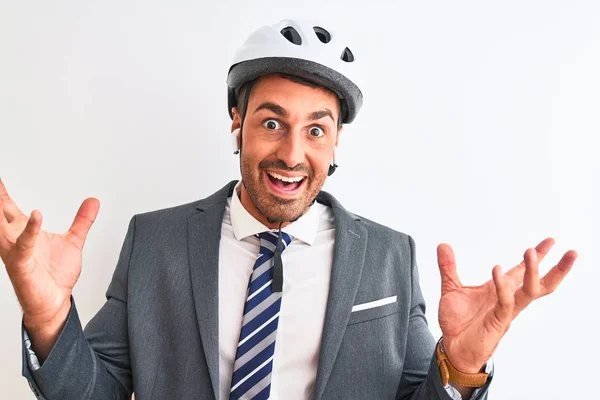 Jovem Bonito Homem Negócios Capacete Bicicleta Fones Ouvido Sem Fio — Fotografia de Stock