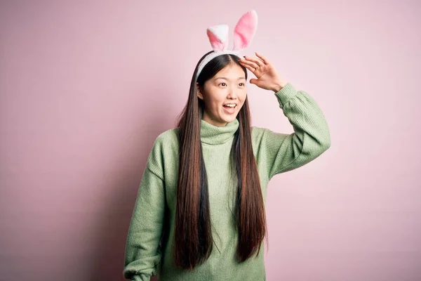 Young Asian Woman Wearing Cute Easter Bunny Ears Pink Background — Stock Photo, Image