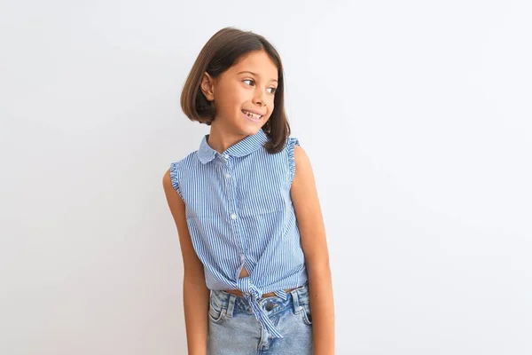 Joven Niña Hermosa Vistiendo Camisa Azul Casual Pie Sobre Fondo — Foto de Stock