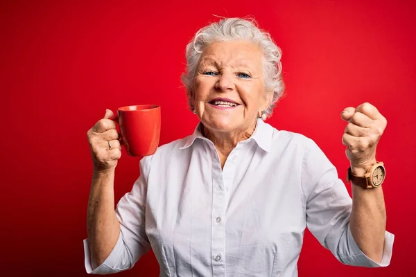 先輩美しいです女性飲むコーヒースタンディングのマグカップ隔離された赤い背景叫び誇りと勝利と成功を祝う非常に興奮 応援感情 — ストック写真