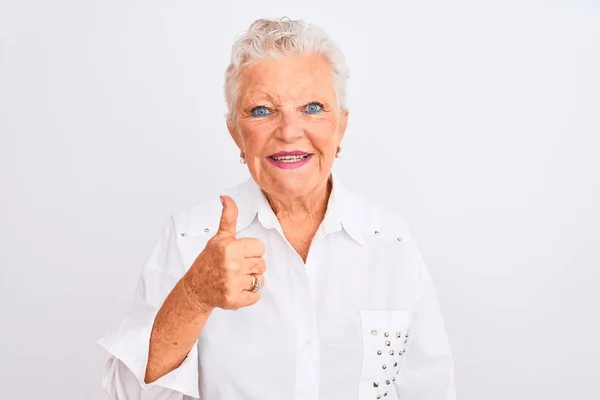 Senior Mujer Pelo Gris Con Camisa Elegante Pie Sobre Fondo —  Fotos de Stock