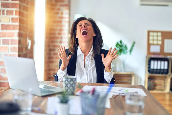 Mulher Negócios Bonita Idade Média Trabalhando Usando Laptop Escritório Louco — Fotografia de Stock