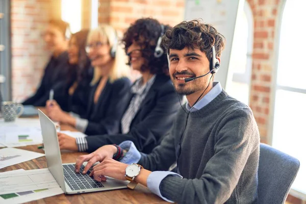 Group Call Center Workers Working Together Smile Face Using Headset — Stok fotoğraf