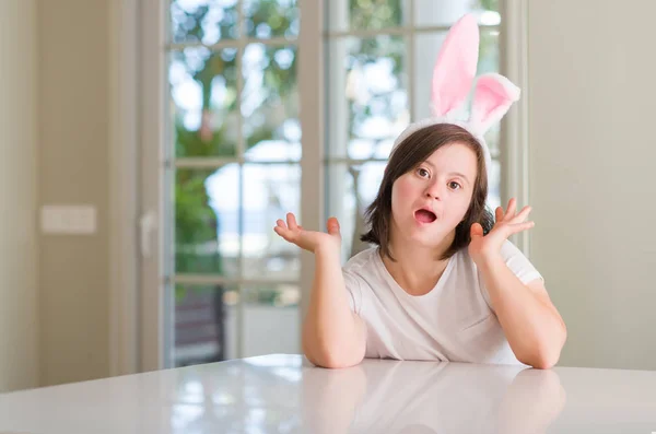 Syndrome Woman Home Wearing Easter Rabbit Ears Very Happy Excited — Stock Photo, Image