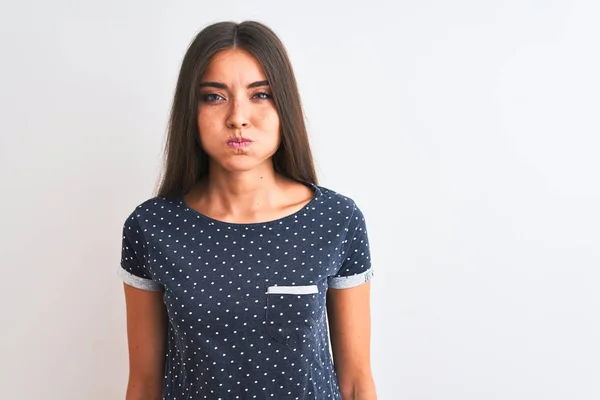 Junge Schöne Frau Blauem Lässigem Shirt Die Vor Isoliertem Weißen — Stockfoto