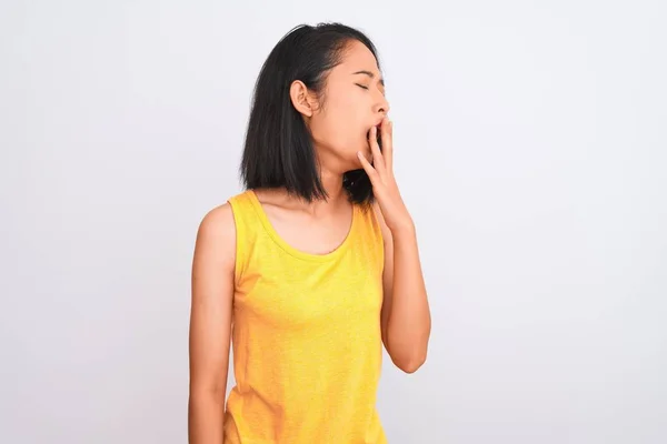 Young Chinese Woman Wearing Yellow Casual Shirt Standing Isolated White — 스톡 사진