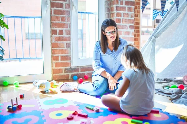 Caucasian Girl Kid Playing Learning Playschool Female Teacher Mother Daughter — Stock Photo, Image