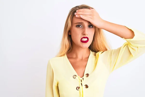 Young Beautiful Woman Wearing Elegant Yellow Shirt Standing Isolated White — Stockfoto