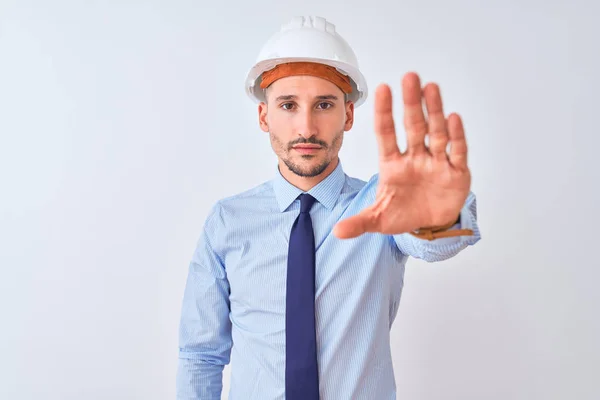 Young Business Man Wearing Contractor Safety Helmet Isolated Background Doing — ストック写真