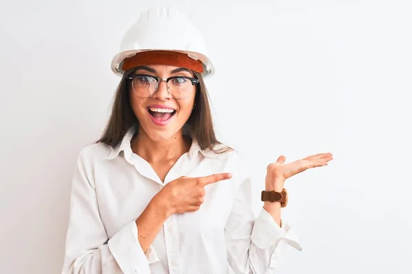 Young Beautiful Architect Woman Wearing Helmet Glasses Isolated White Background — Stockfoto