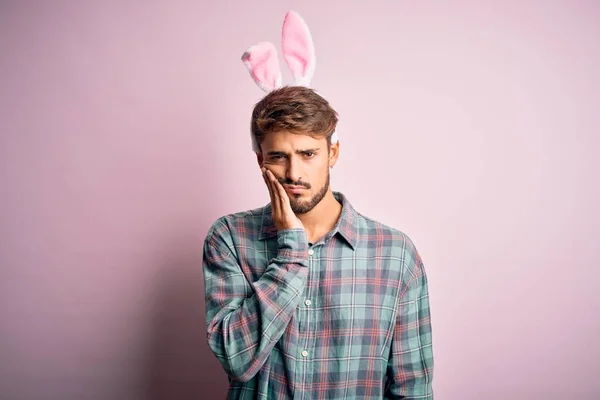Young Handsome Adult Man Wearing Cute Easter Rabbit Ears Pink — Stock Photo, Image