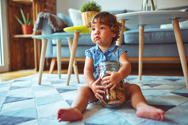Beautiful Toddler Child Girl Holding Jar Cookies Sitting Floor — Stock Photo, Image