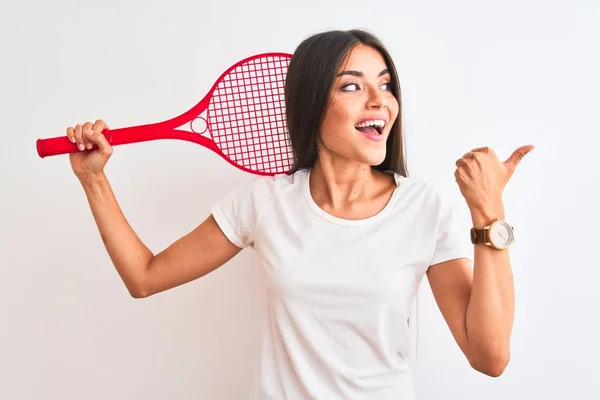 Hermosa Deportista Jugando Tenis Usando Raqueta Pie Sobre Fondo Blanco —  Fotos de Stock