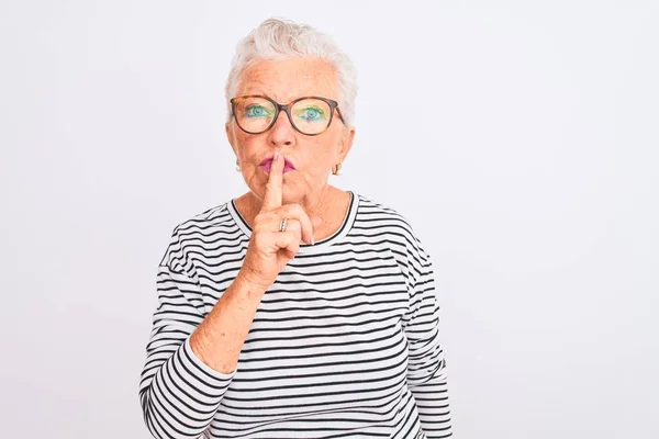 Mujer Mayor Pelo Gris Que Usa Lentes Camiseta Rayas Navales — Foto de Stock